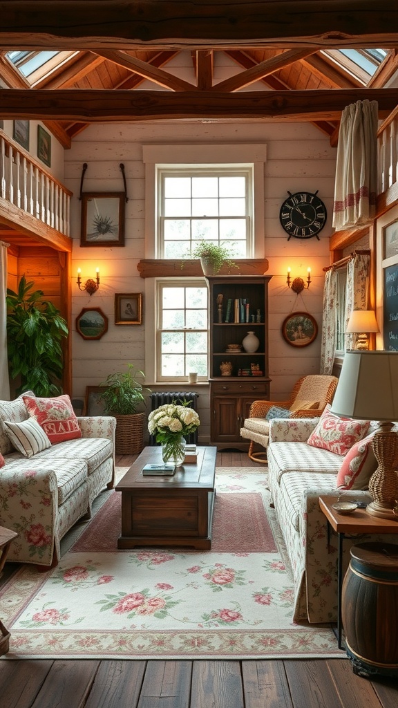 A cozy cottage living room featuring floral sofas, wooden beams, and a central coffee table.