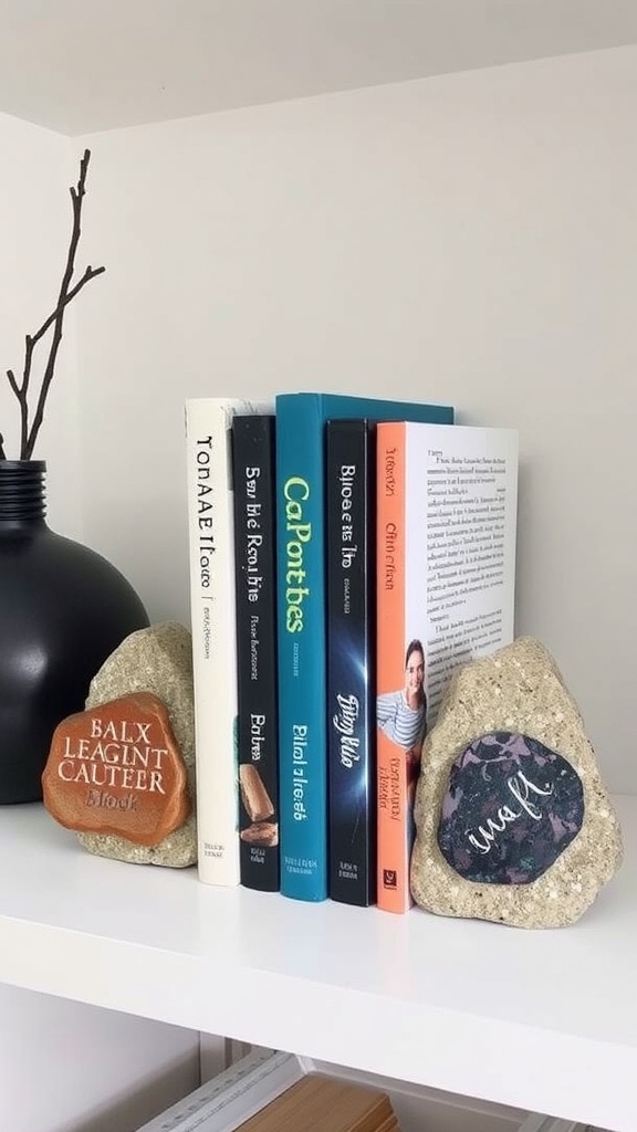 A shelf with DIY stone bookends holding colorful books, showcasing a simple yet charming decor idea.