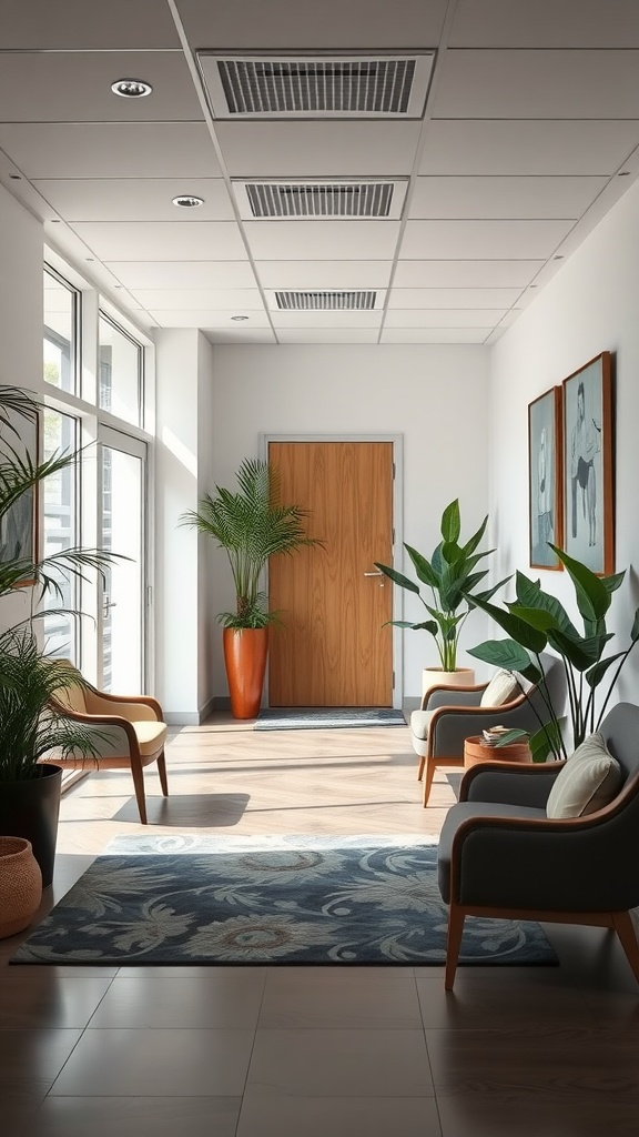 A bright and inviting office entryway featuring comfortable chairs, potted plants, and decorative artwork.