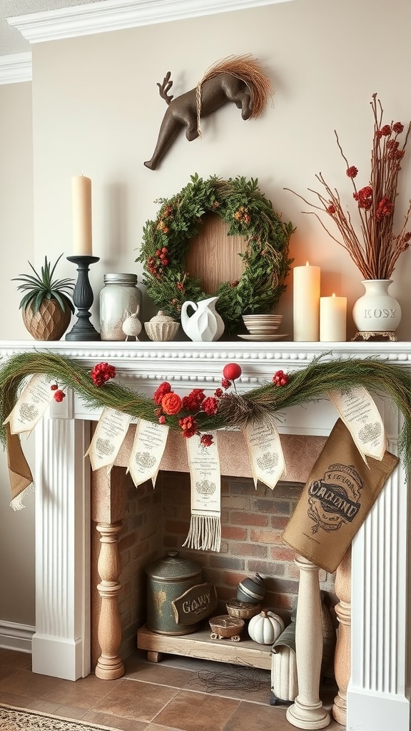 A charming cottage-style mantel decorated with a wreath, candles, and rustic elements.