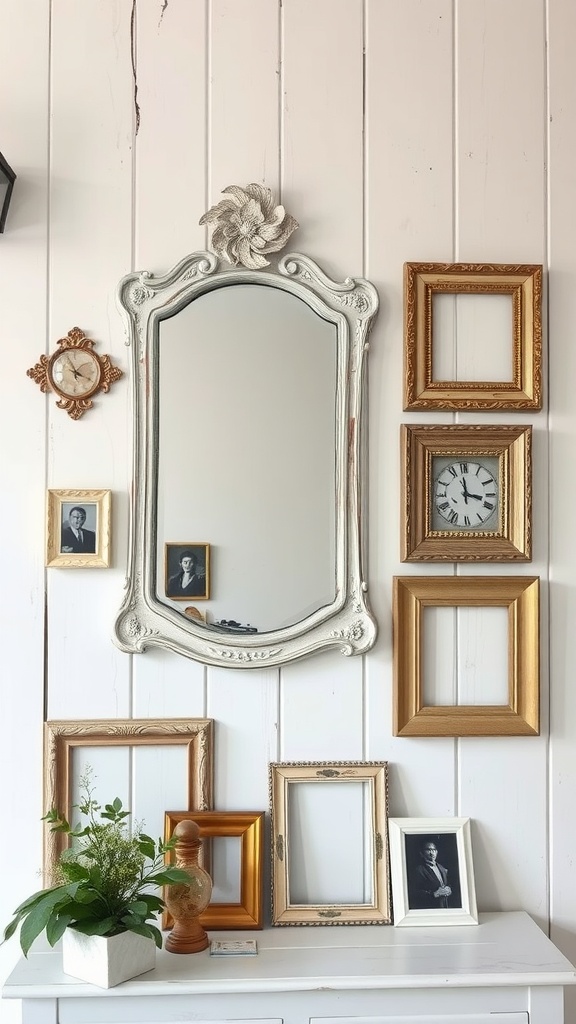 A collection of vintage frames and a large mirror on a white wooden wall, with a small plant on a table below.