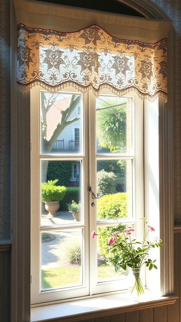 A cozy window with a lace valance and a vase of flowers on the sill