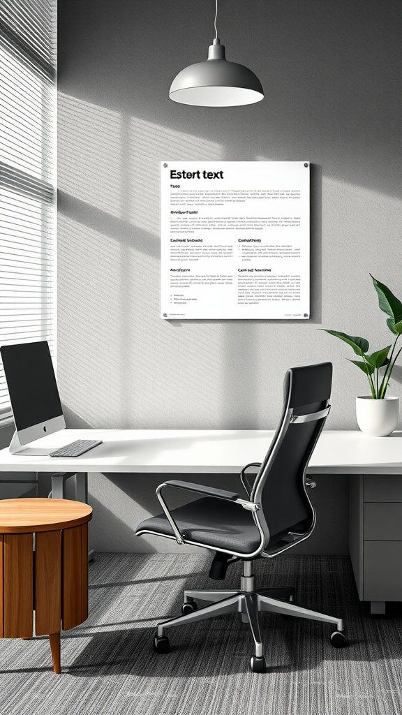 A chic office setup featuring a white desk, black ergonomic chair, round wooden table, and a potted plant with natural light filtering in.