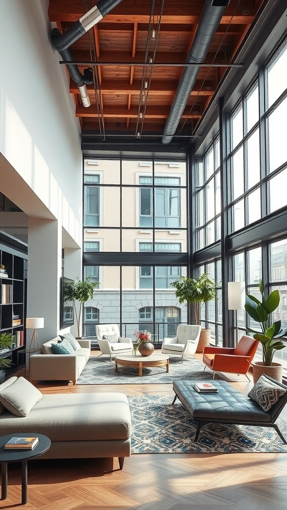 Chic urban loft interior with large windows, modern furniture, and plants