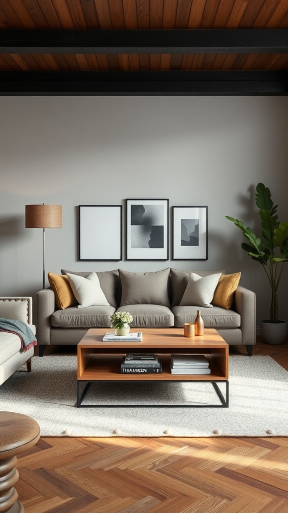 A cozy living room with a stylish sofa, a multifunctional coffee table, and warm lighting.