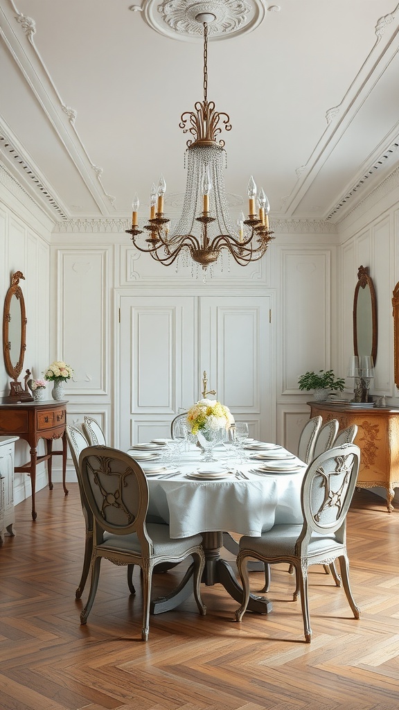 A classic French dining room featuring a round table, upholstered chairs, a chandelier, and elegant decor.