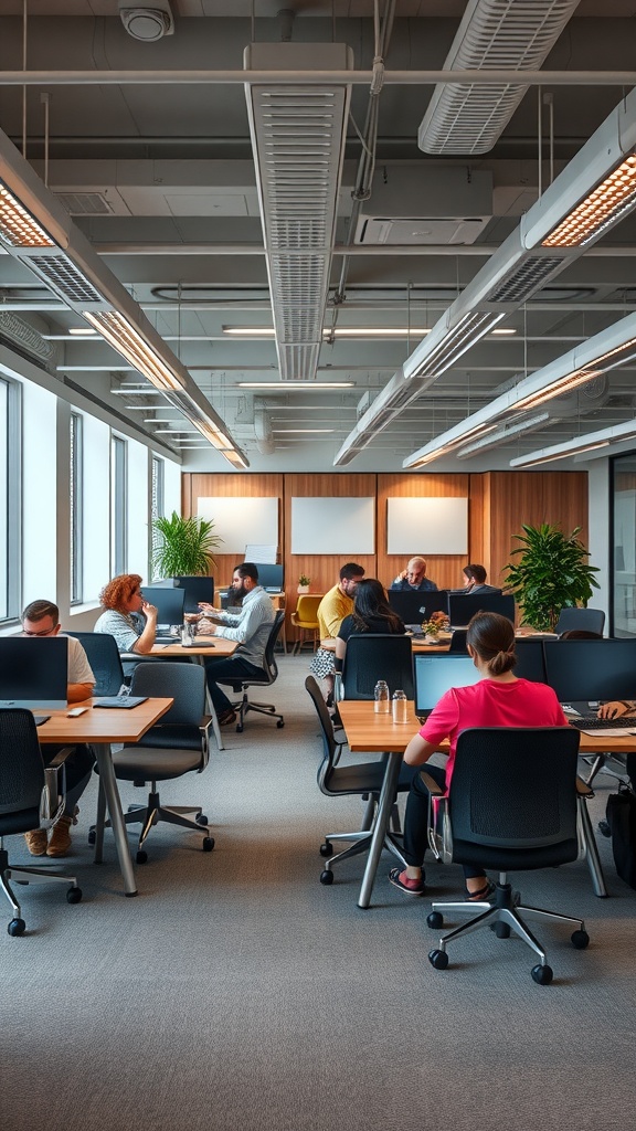 A modern collaborative workspace with several people working together at desks, surrounded by plants and natural light.