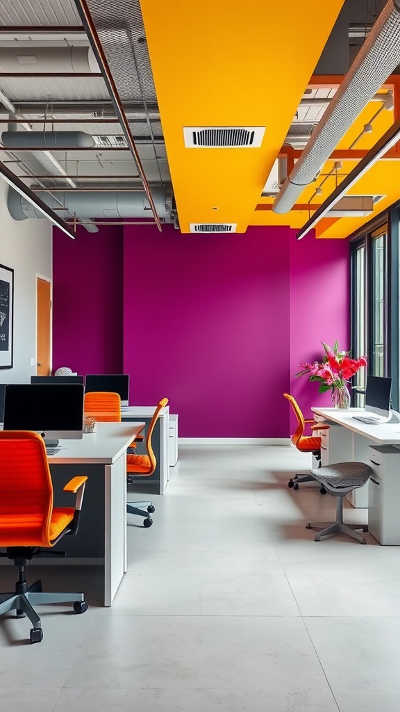 An office with color blocking featuring a purple wall, yellow ceiling, and orange chairs.