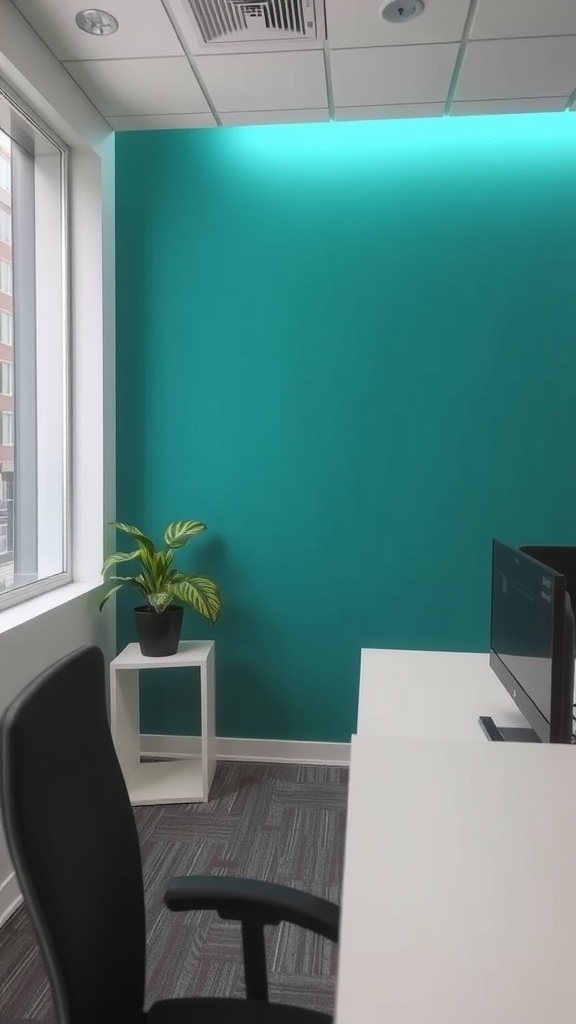 A bright teal accent wall in an office space with a plant and desk.