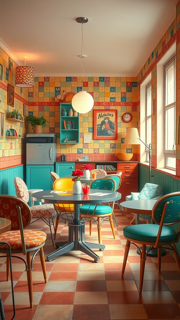 A colorful retro dining area with vibrant wallpaper, eclectic chairs, and playful decor.