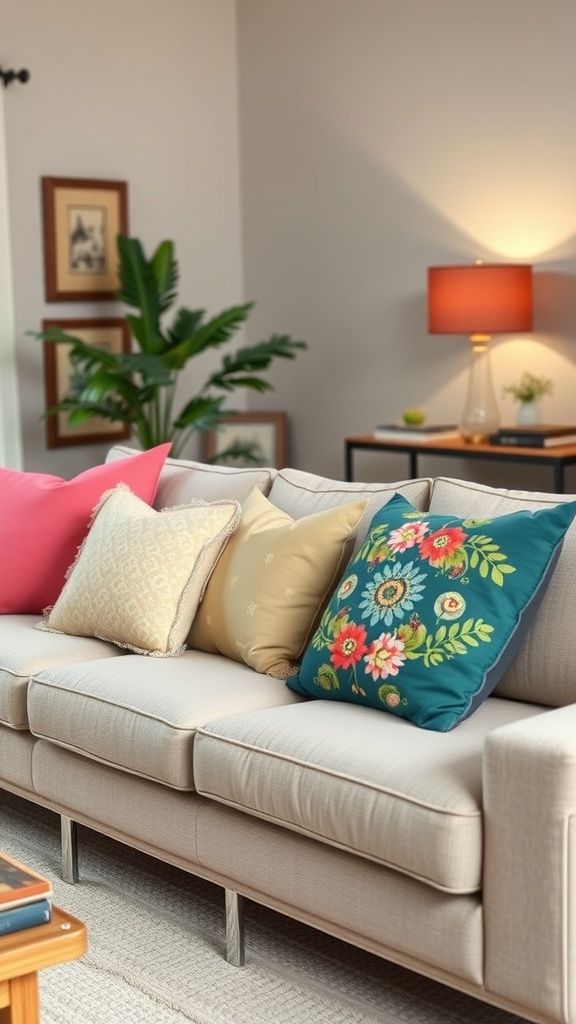 A cozy sofa with colorful throw pillows in a well-decorated living room.