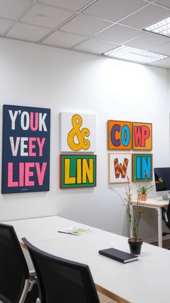 Colorful wall art with motivational phrases in an office setting