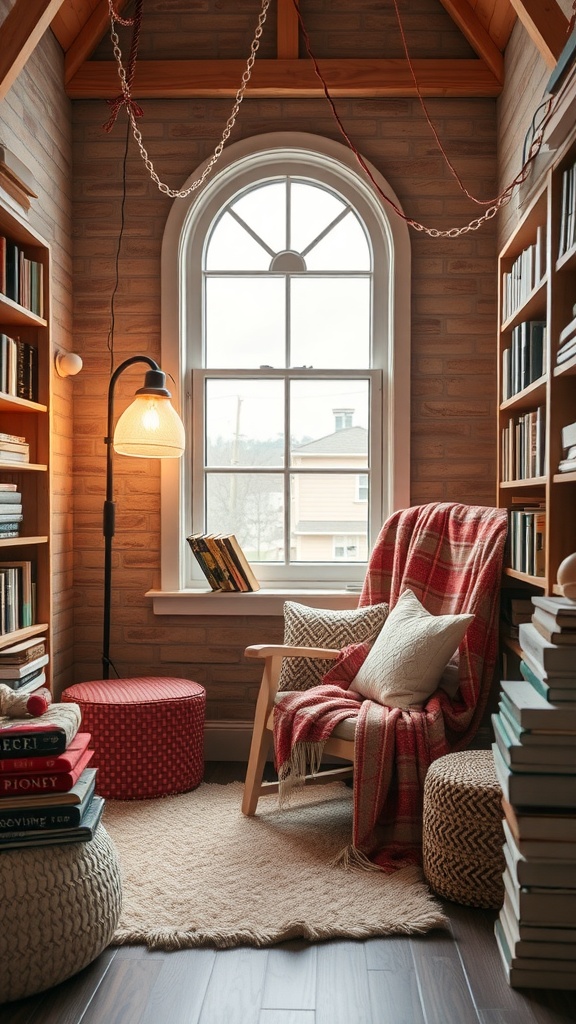 Cozy reading nook with a wooden chair, soft blankets, and a large window