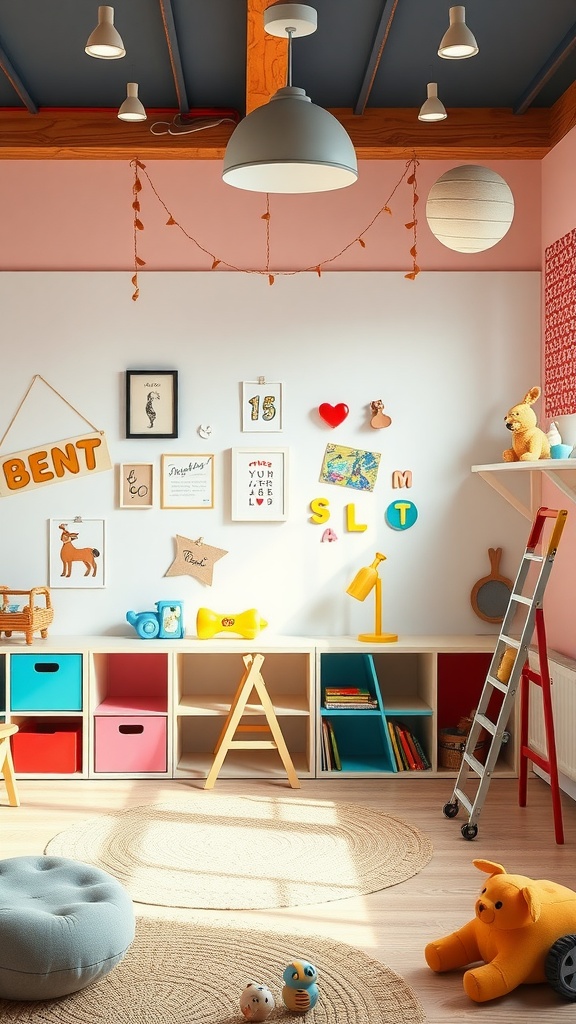 A bright and colorful kids' playroom featuring playful decor, storage solutions, and cozy seating.