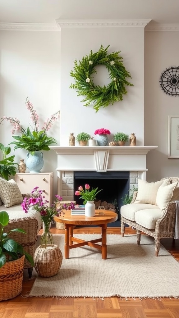 Cozy living room with plants, floral arrangements, and a green wreath above the fireplace.