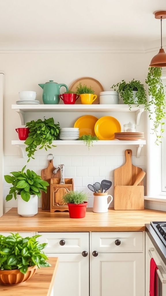 A cozy cottage kitchen with open shelving displaying colorful dishes and potted plants.