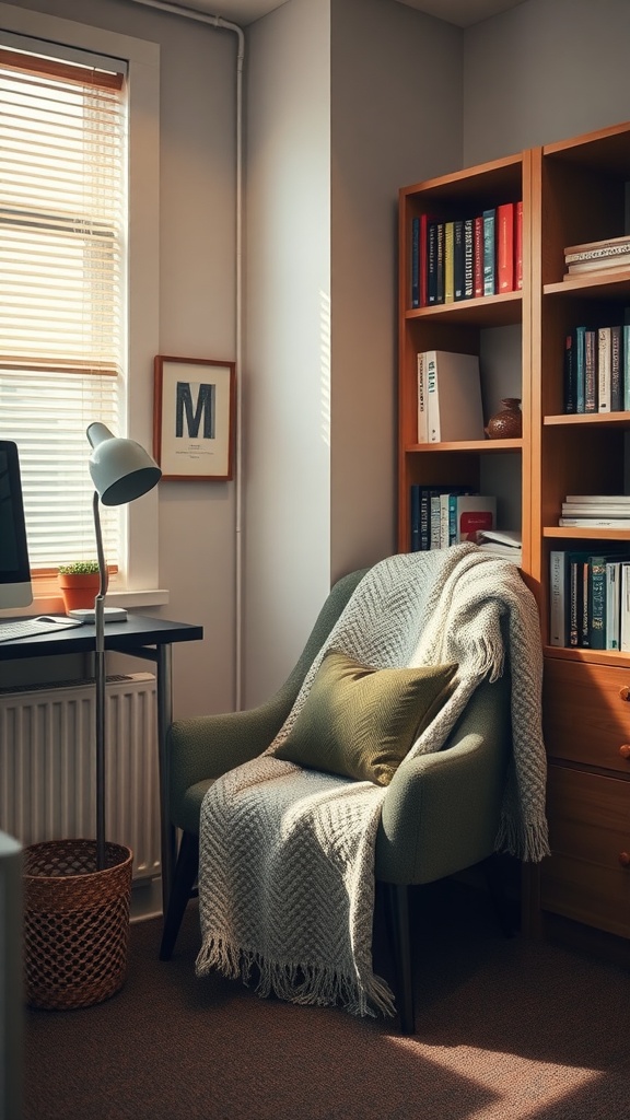 Cozy reading nook with a green chair, throw blanket, bookshelf, and desk lamp