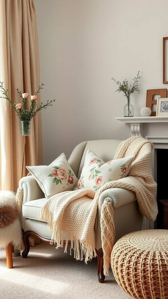 A cozy corner featuring a soft upholstered chair, knitted throw, floral cushions, and a woven pouf.