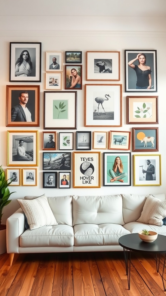 A stylish gallery wall featuring various framed artworks and photographs above a modern white couch.