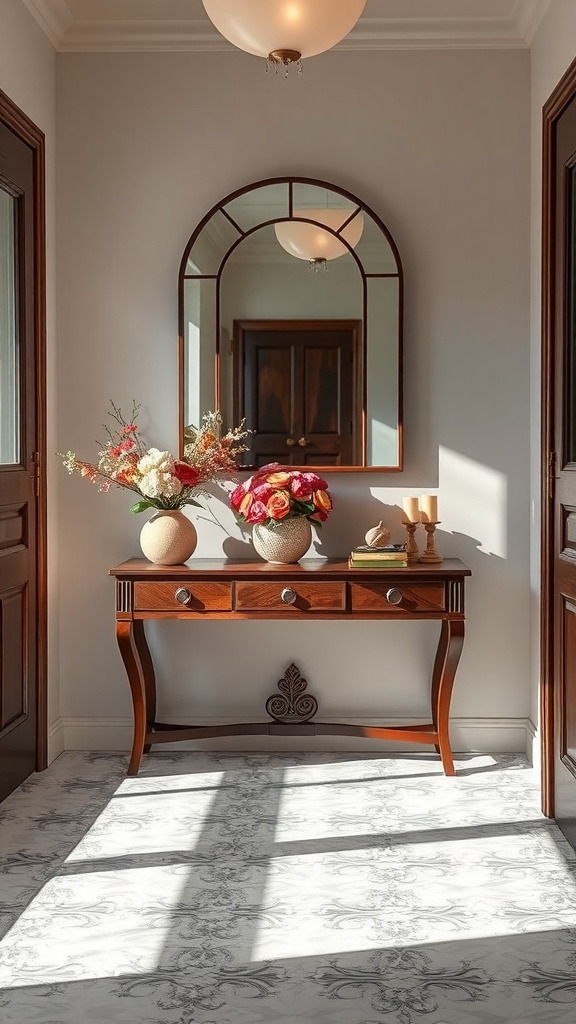 A bright and inviting entryway featuring a console table with flowers, candles, and a mirror.