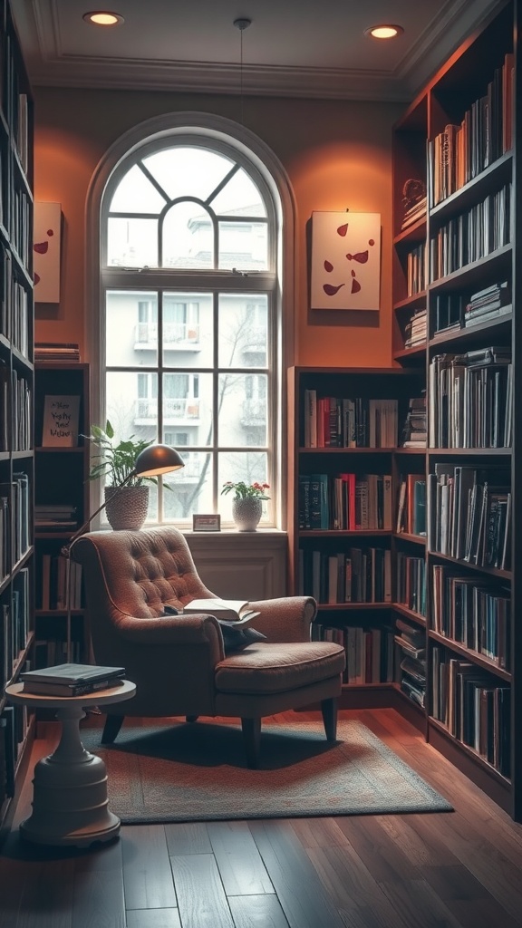 A cozy reading nook with a plush armchair next to a window, surrounded by bookshelves.