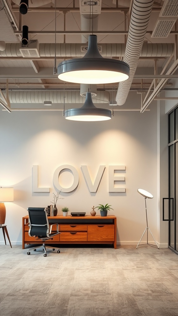 An office with creative lighting, featuring pendant lights and the word 'LOVE' on the wall.