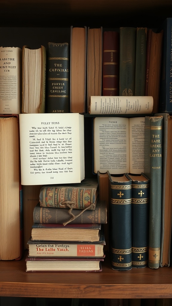 A collection of vintage books displayed on a wooden shelf, showcasing their unique covers and spines.