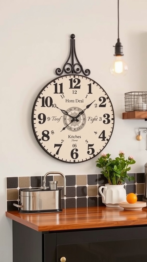 A classic wall clock with black and cream colors, featuring large numbers and a decorative design, mounted on a kitchen wall.