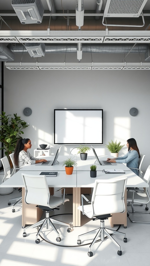 A modern office with a large table, ergonomic chairs, and greenery, showcasing a customizable workspace.