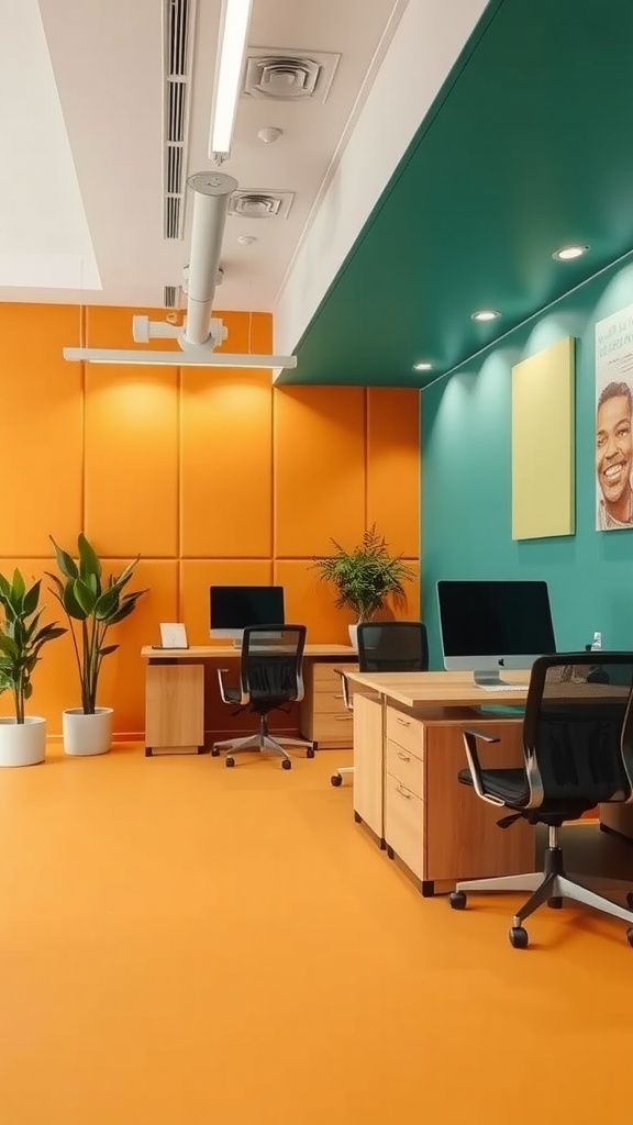 An office space featuring bright orange and teal walls, with modern desks and plants for decoration.