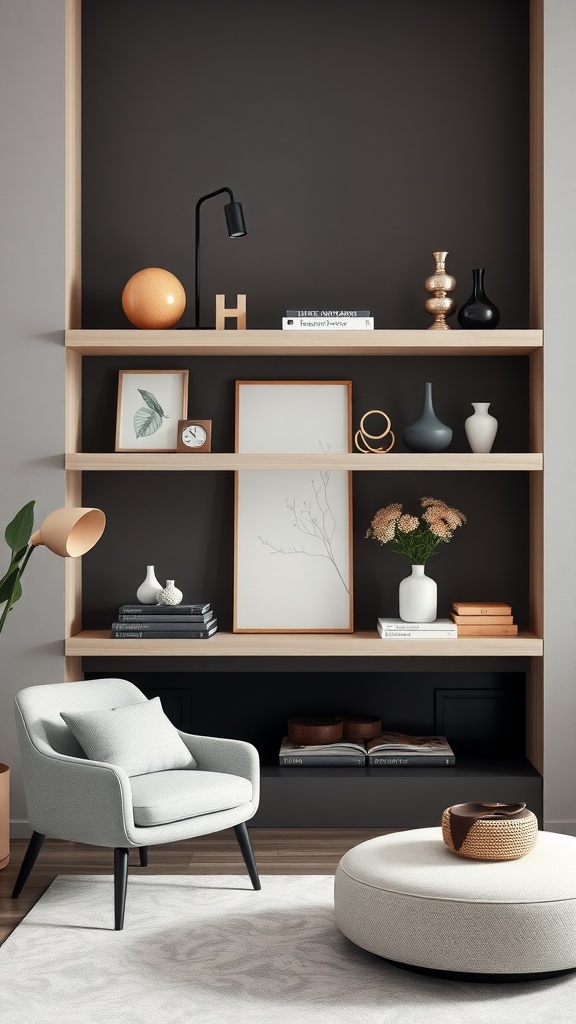 Customized floating shelves with decorative items and books against a dark wall