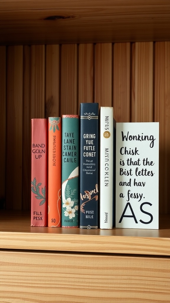 A collection of colorful books with a decorative bookend featuring a playful quote.