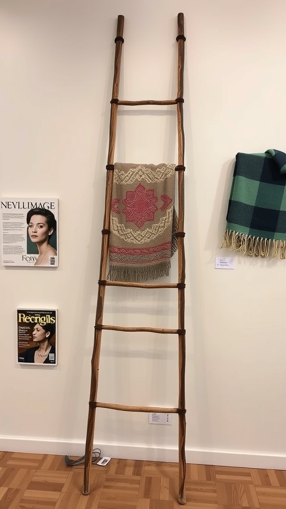 A wooden decorative ladder leaning against a wall, adorned with a patterned blanket.