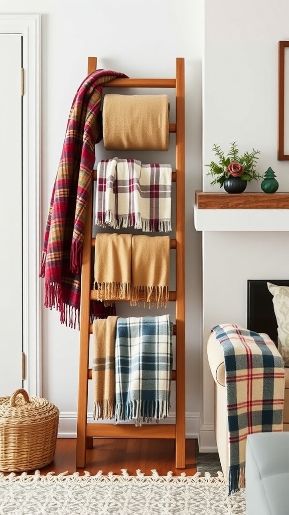 A decorative wooden ladder leaning against a wall displaying cozy blankets in various colors.