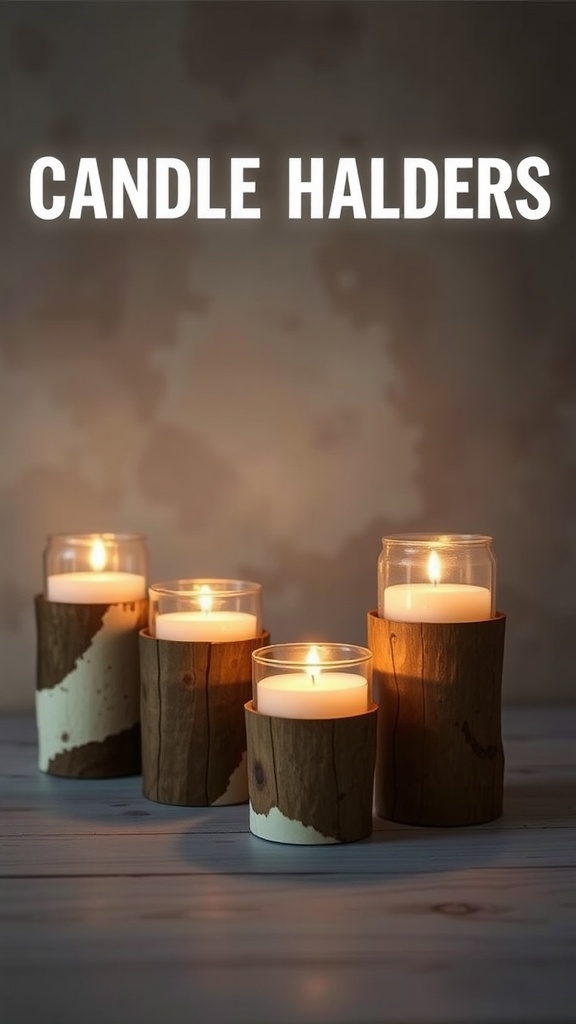 DIY wooden candle holders with candles lit inside