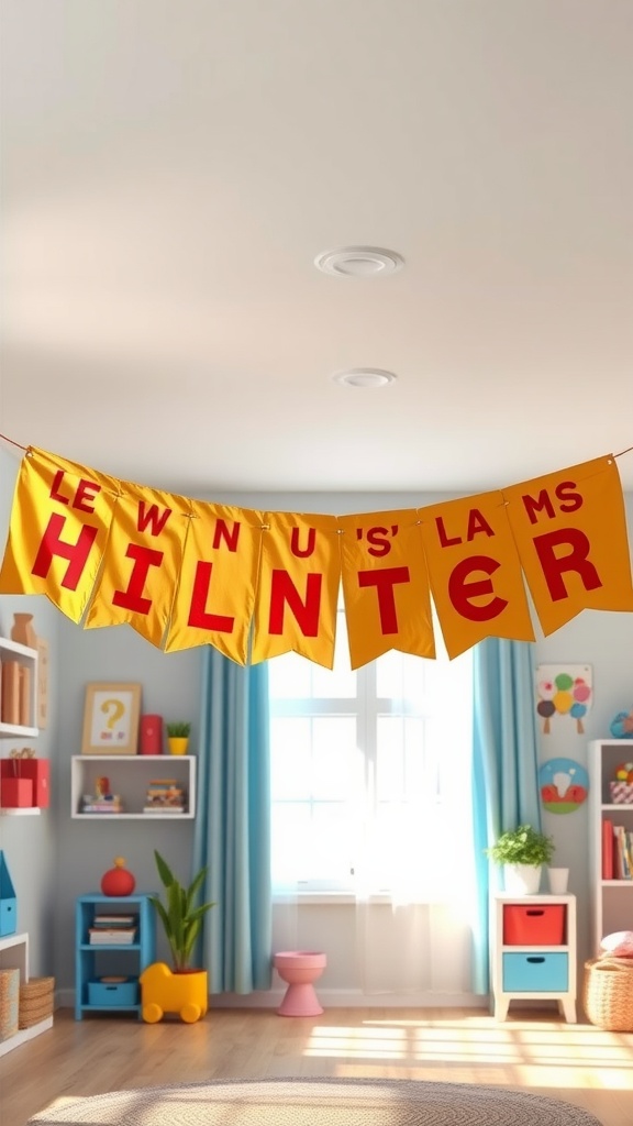 A bright yellow fabric banner with red letters hanging in a room