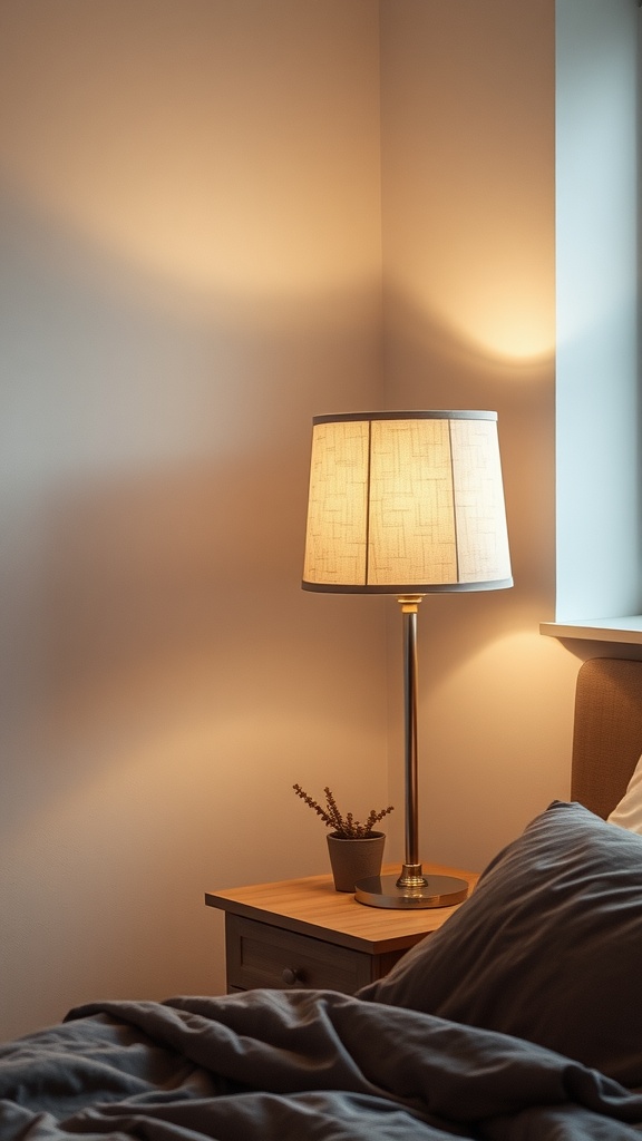 Cozy bedroom with a lamp featuring a fabric lampshade on a nightstand