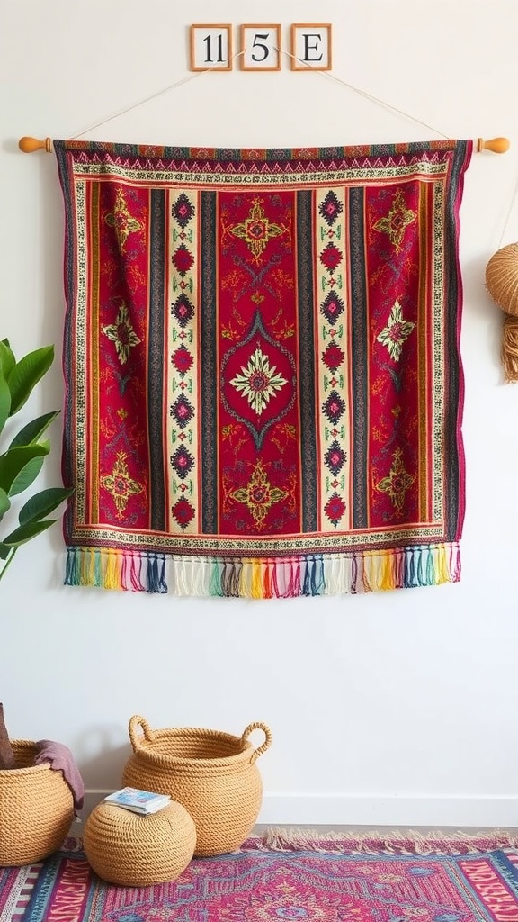 A colorful fabric wall hanging with tassels, displayed on a white wall alongside decorative baskets.