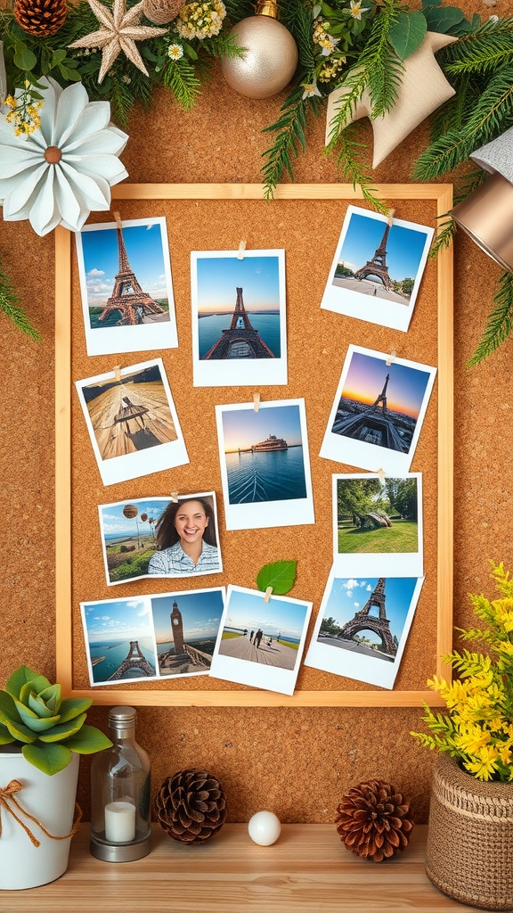 A corkboard photo collage featuring snapshots of various locations and a smiling person.