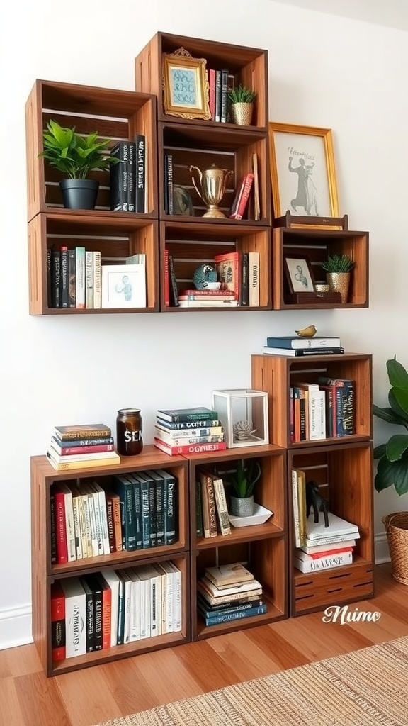 Wooden crates designed as shelving for books and decor, featuring plants and framed art.