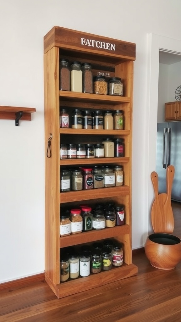 DIY spice rack made from pallets, displaying various jars of spices