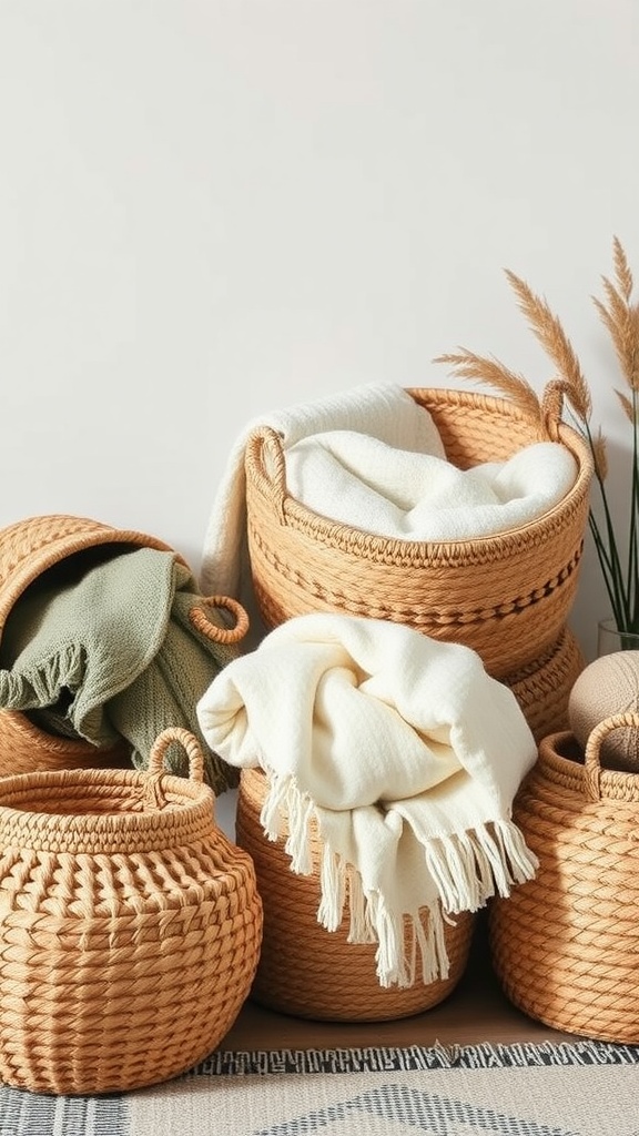 An assortment of handmade storage baskets filled with cozy blankets, showcasing natural materials and textures.