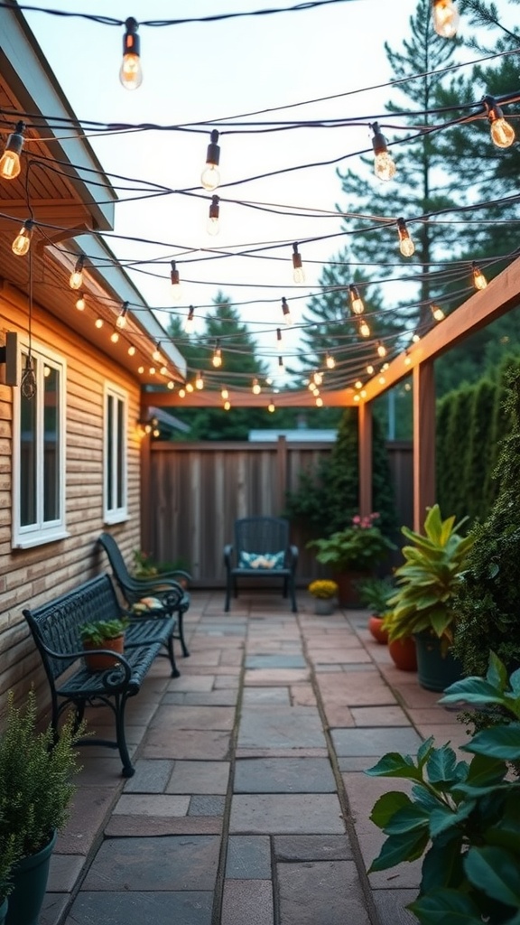 A cozy patio space with string lights overhead, creating a warm and inviting atmosphere.