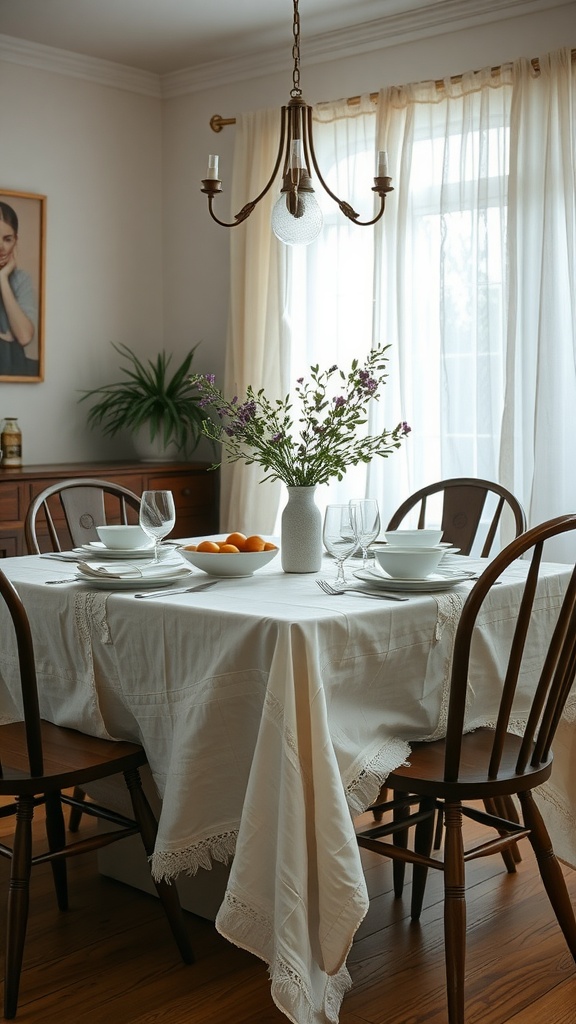 A bright dining room with a beautifully set table featuring a DIY tablecloth made from a sheet, surrounded by wooden chairs and a vase of flowers.