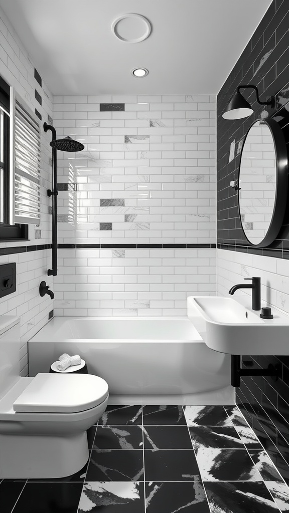 A modern black and white bathroom featuring a mix of subway tiles, a sleek sink, and marble flooring.