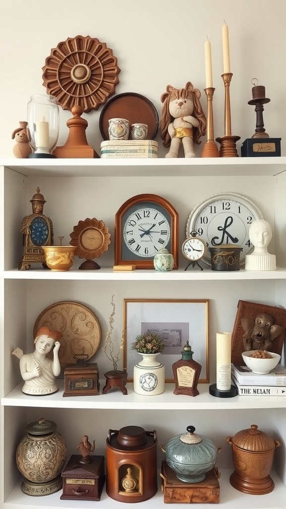 A display of eclectic accessories and knickknacks on shelves, featuring vintage clocks, figurines, and decorative jars.