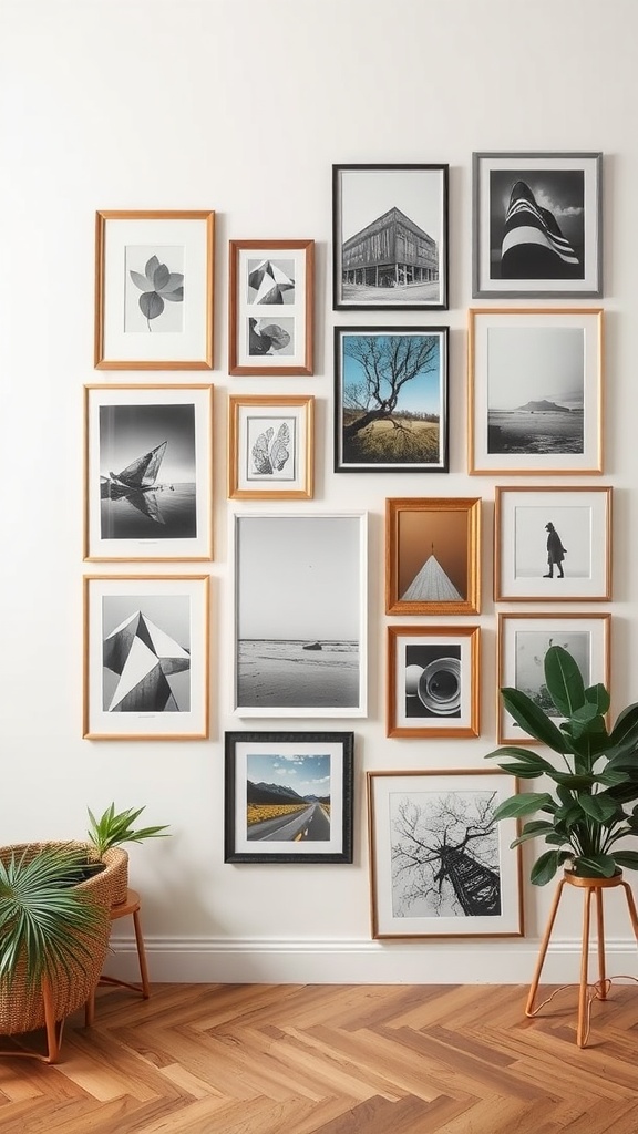 An eclectic gallery wall featuring various framed black and white photographs and a green plant.