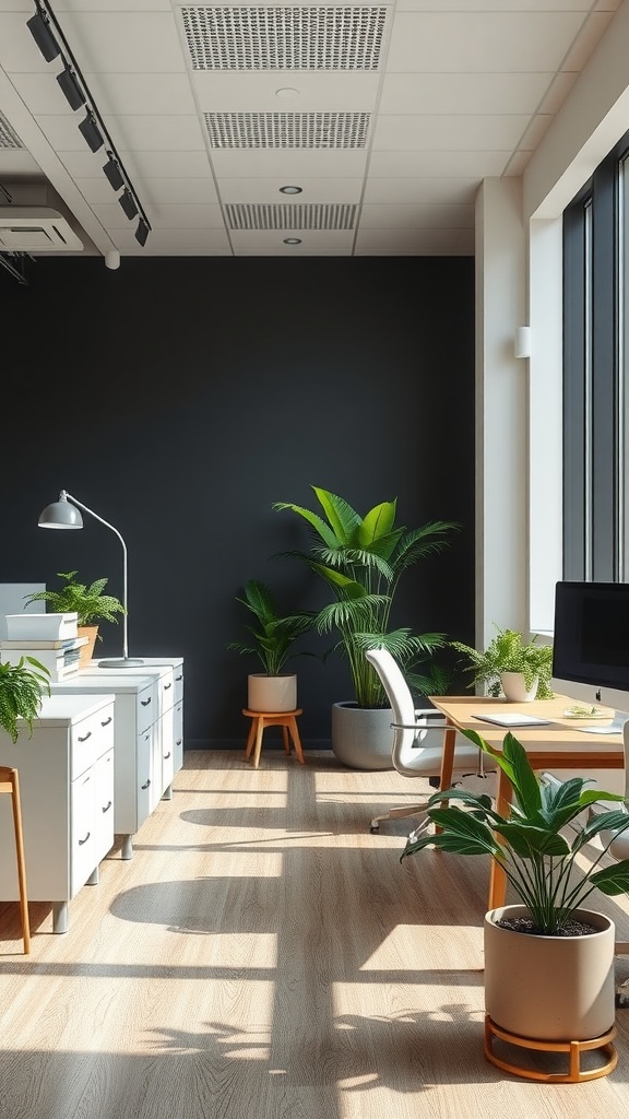 An eco-friendly office space with plants, natural light, and wooden furniture.