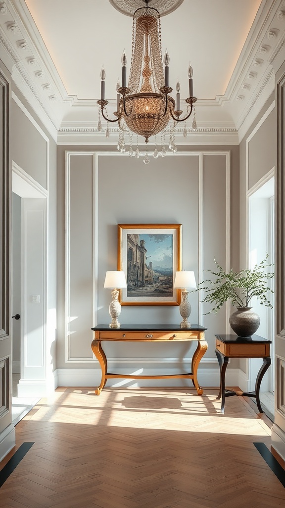 Elegant foyer featuring a chandelier, artwork, and stylish furniture.