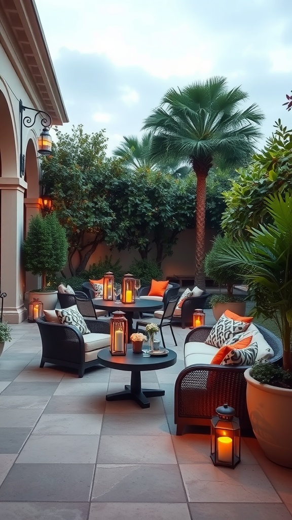 Elegant outdoor patio with wicker furniture, colorful cushions, and lanterns surrounded by greenery.